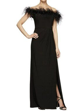 Alex Evenings Off-the-Shoulder Jersey Gown  Maribou Feather Trim Sz 14 New